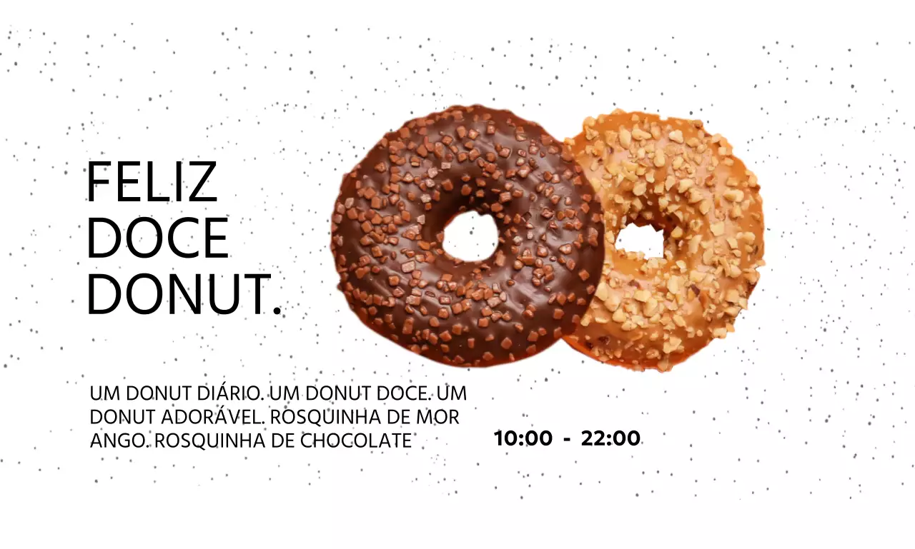 Loja de donuts simples com fundo pontilhado, tipo de letra gótico e fotografias de donuts