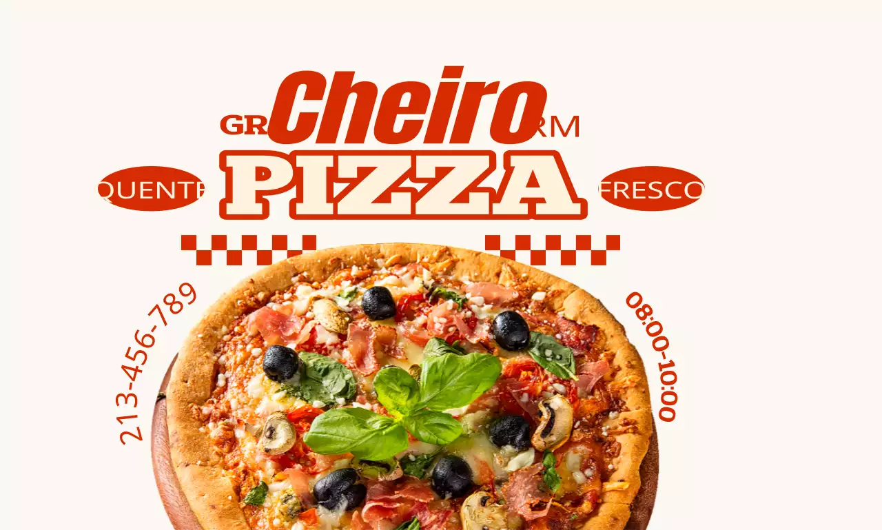Uma pizzaria com texto e padrões de inspiração retro