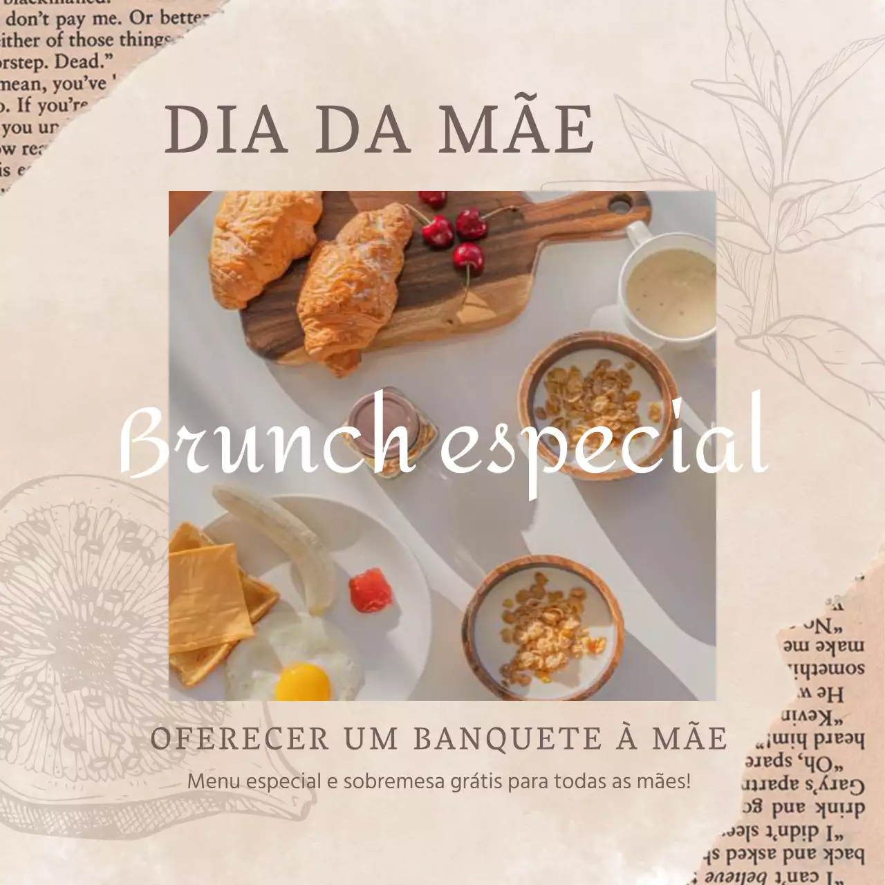 Publicidade do brunch vintage bege e branco do Dia da Mãe