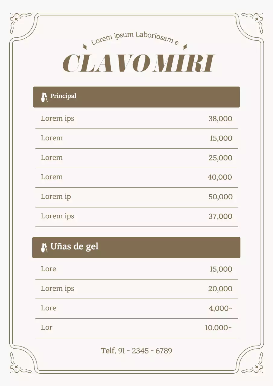 Salón de manicura moderno en beige y marfil lista de precios información