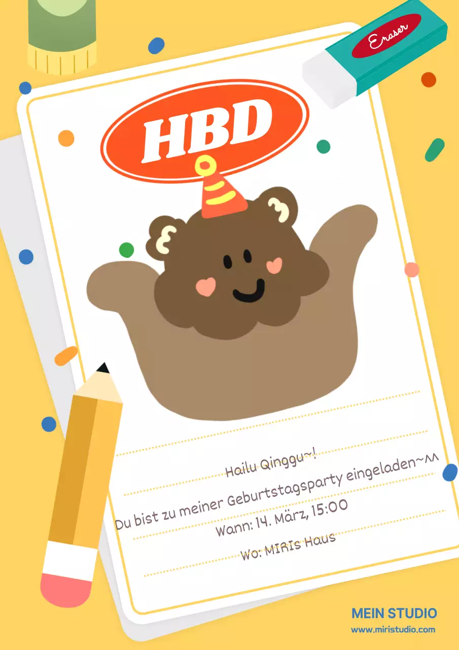 Niedliche Geburtstagseinladung in Gelb und Braun