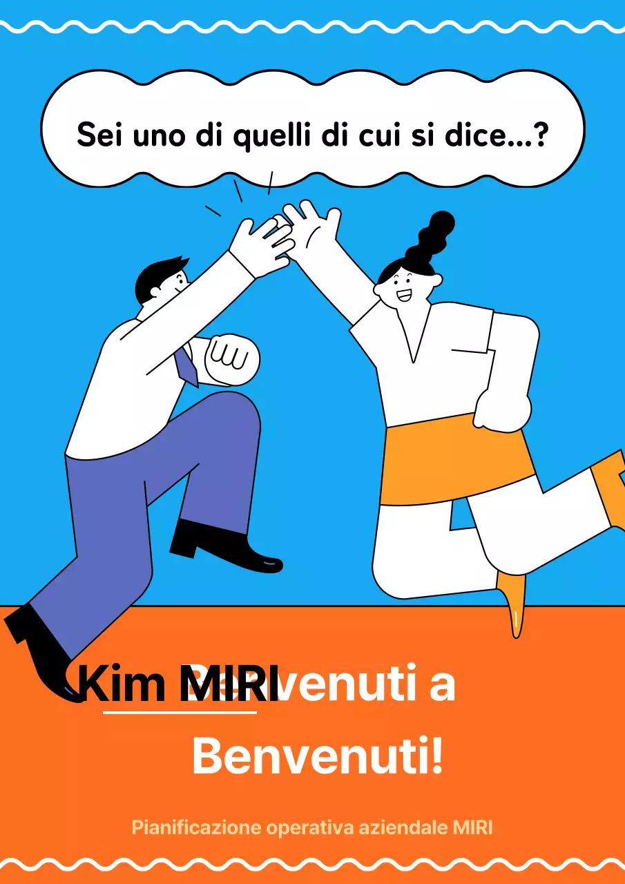 Un post kitsch di benvenuto al lavoro in arancione e blu