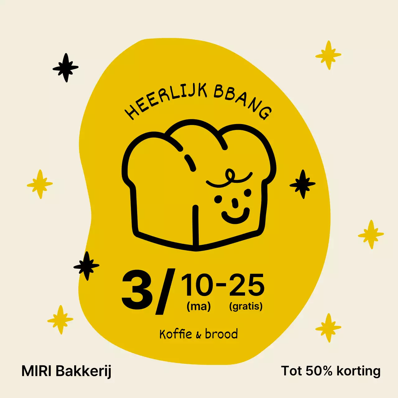 Eenvoudig bakkerijcafé-menu in geel en beige met een kortingsadvertentie