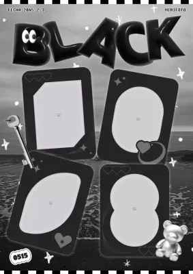 Marco de fotos conceptual para adolescentes con accesorios kitsch en 3D en blanco y negro