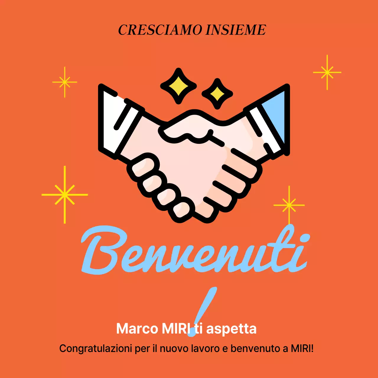 Un semplice annuncio di benvenuto in arancione e azzurro