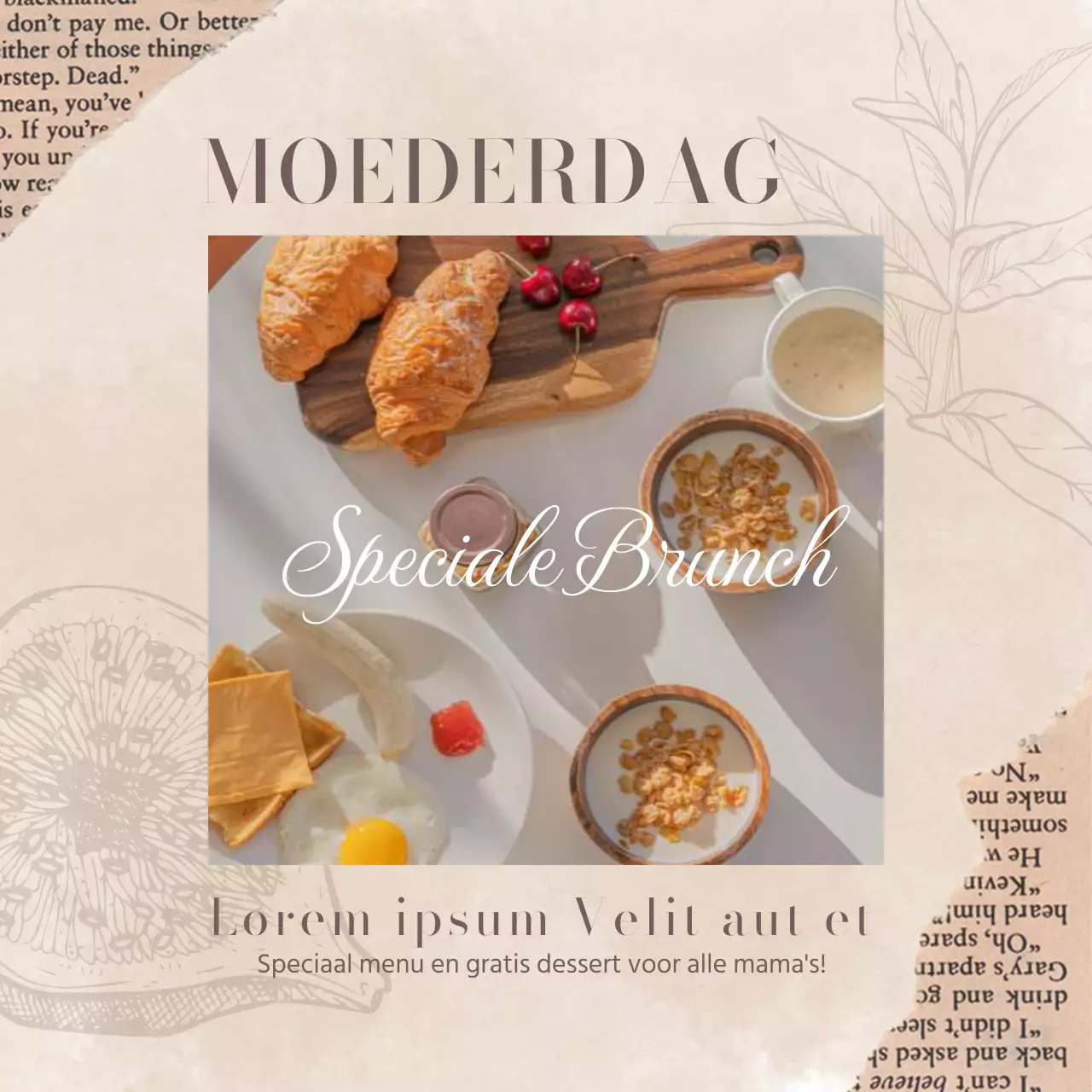 Beige en wit Vintage Moederdag Brunch Publiciteit
