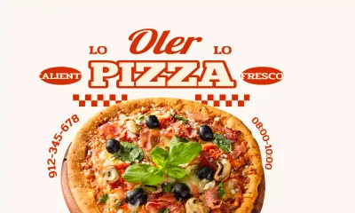 Una pizzería con textos y motivos de inspiración retro