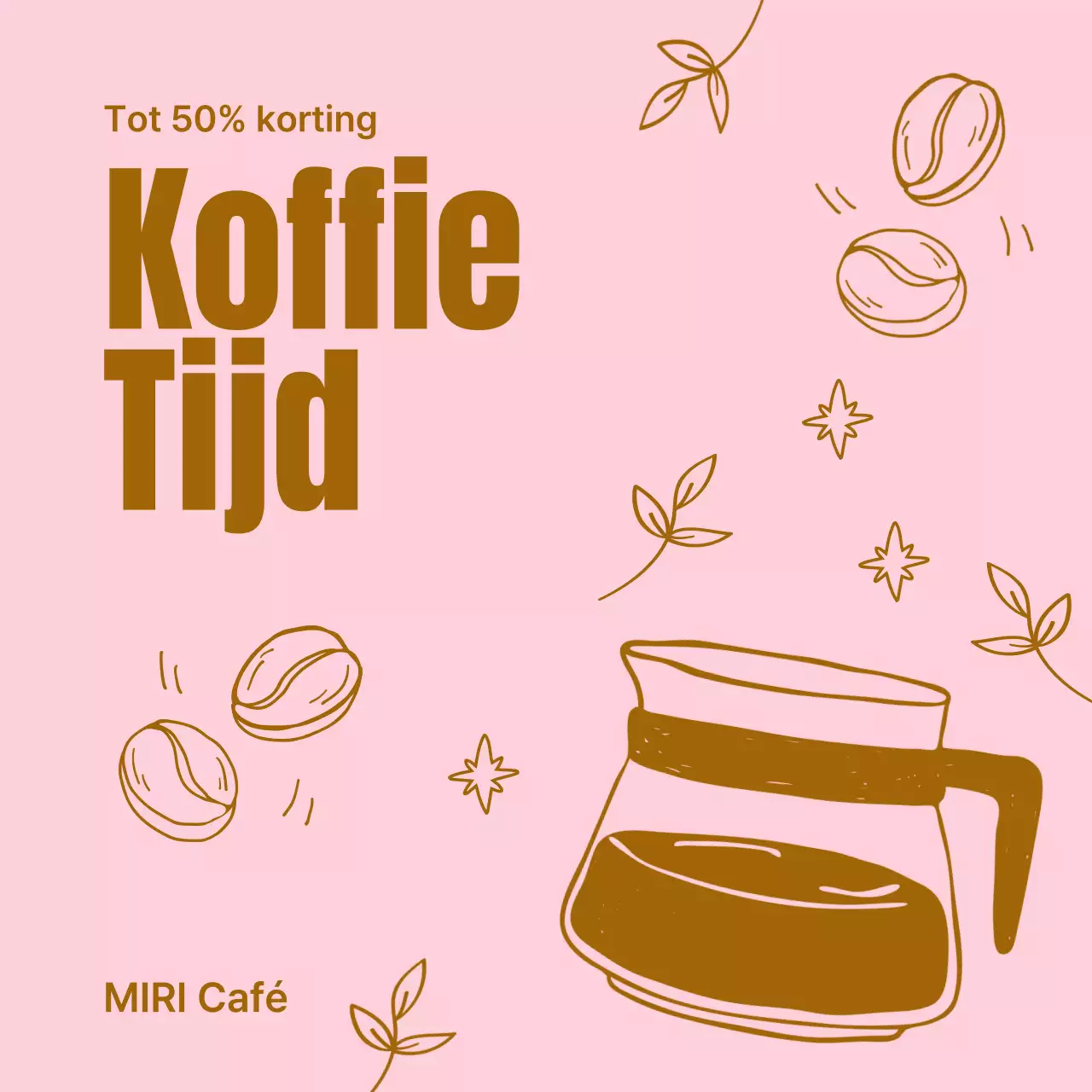 Een pop-art verzameling van café-aankondigingen in bruin en roze Nieuwsbrief