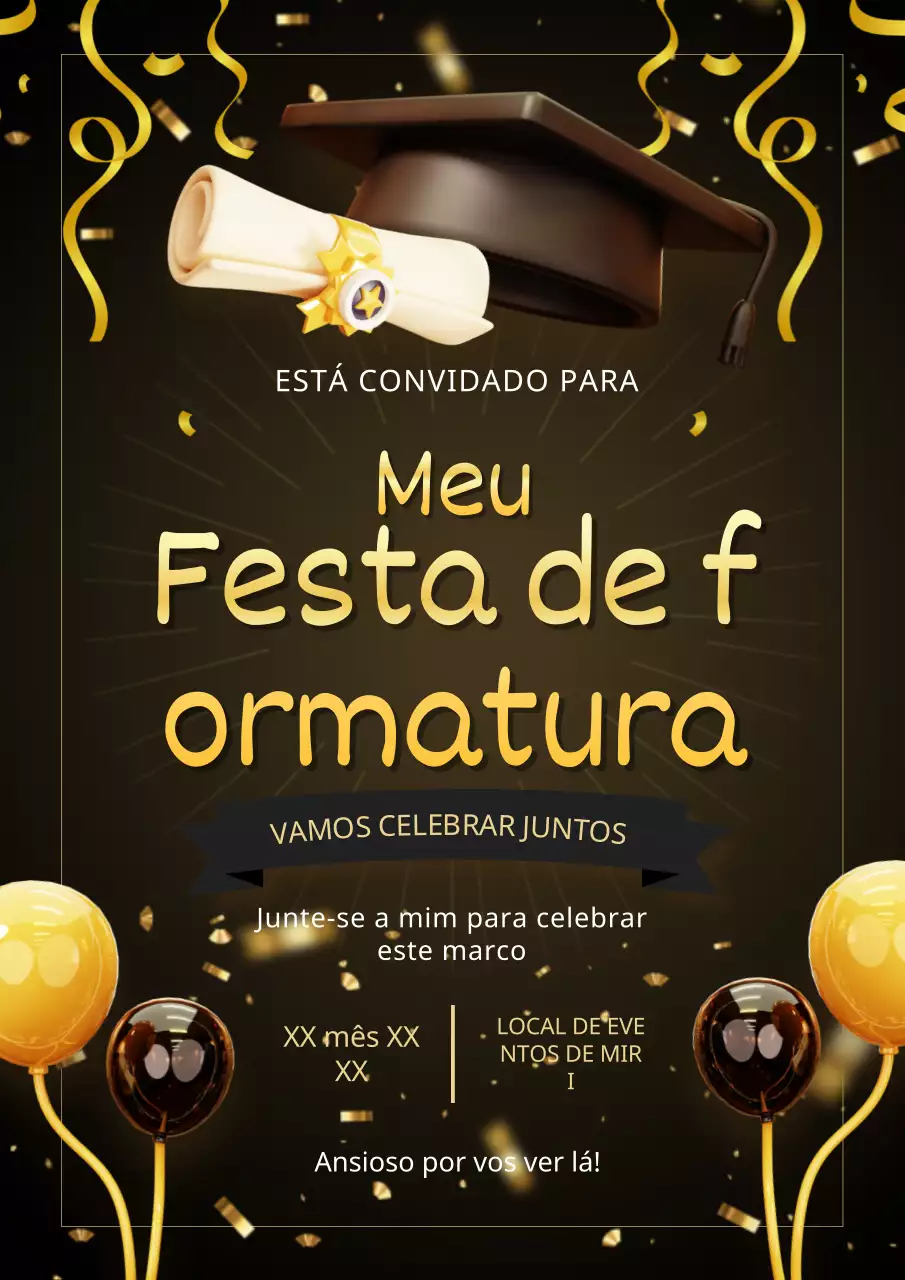 Convite de festa de formatura elegante preto e dourado