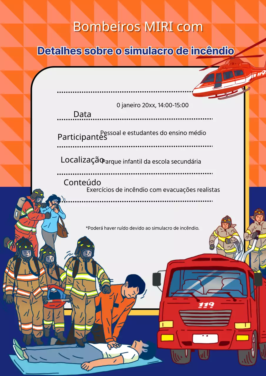 Anúncio de simulacro de incêndio laranja e azul-marinho