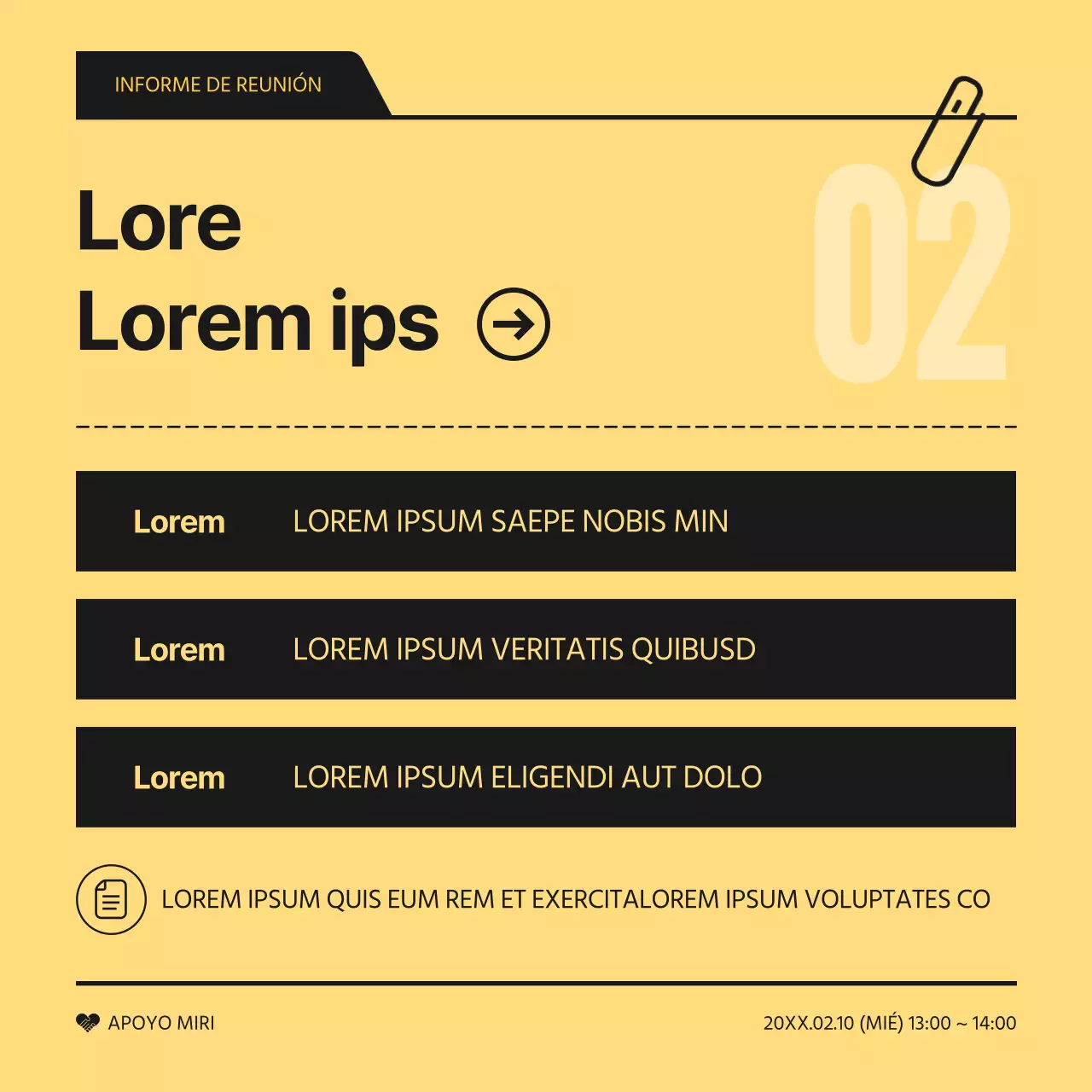 Un sencillo informe de resultados de reuniones en amarillo y negro