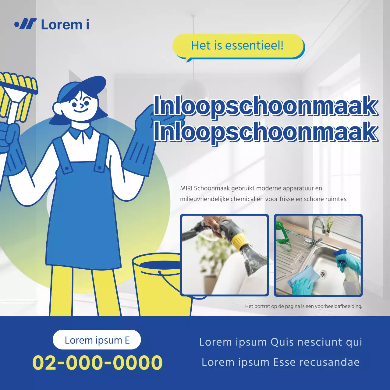 Basis advertentie voor inloopschoonmaak in blauw en geel