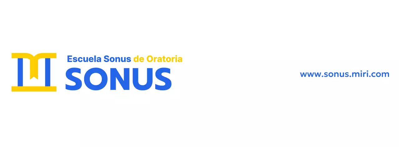Diseño en color de una escuela de oratoria con un icono que representa un podio