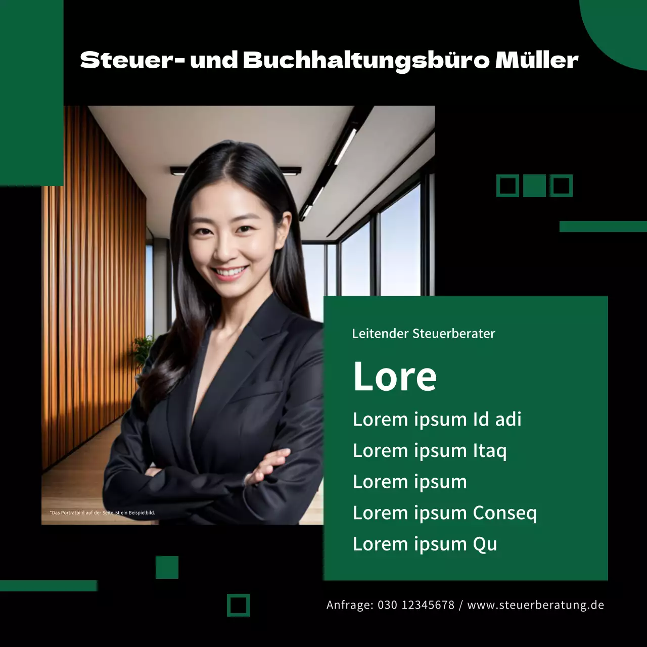 Werben Sie für Ihre Steuer- und Wirtschaftsprüfungsgesellschaft mit Schwarz und Grün und Minimalismus