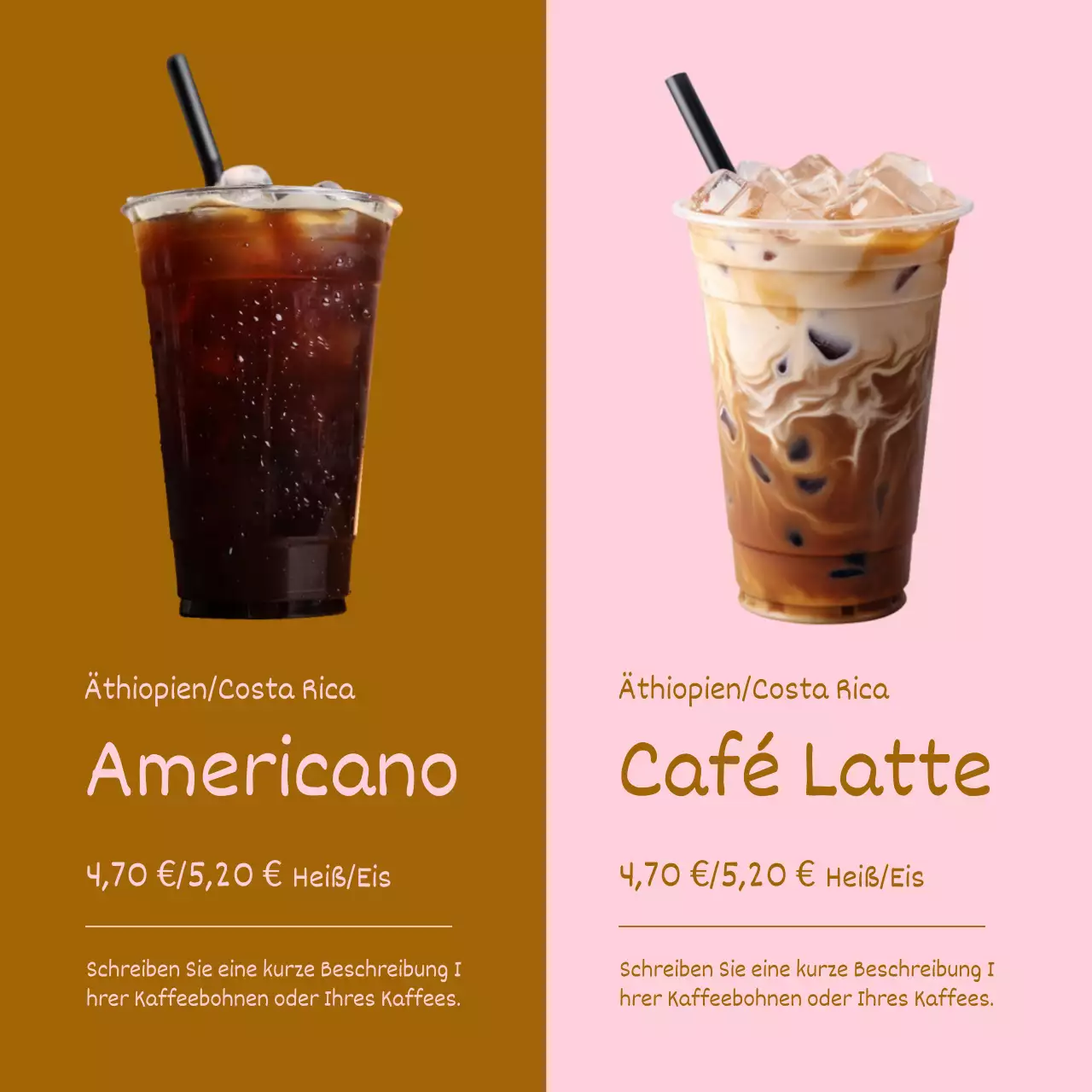 Eine Pop-Art-Kollektion von Café-Ankündigungen in Braun und Rosa Newsletter