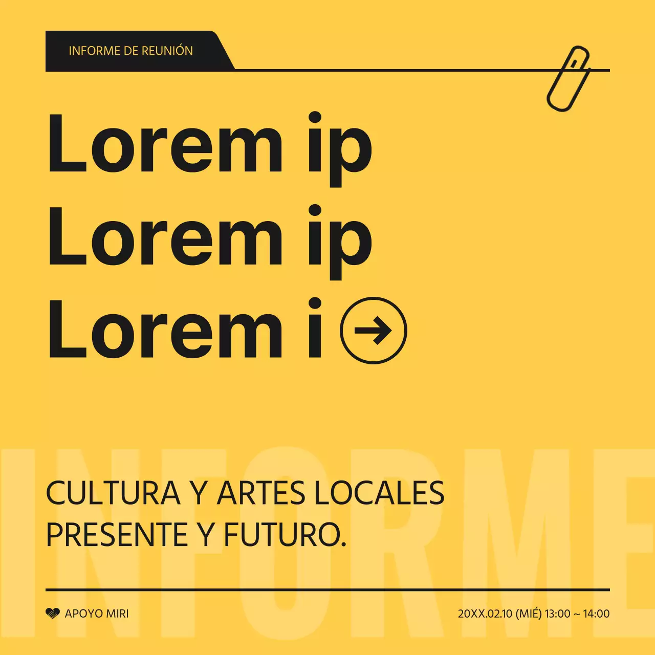 Un sencillo informe de resultados de reuniones en amarillo y negro