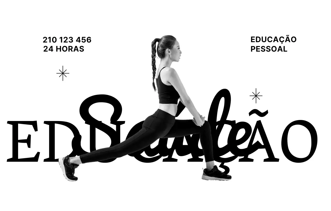 Um ginásio com letras cursivas e purpurinas e pessoas a fazer exercício