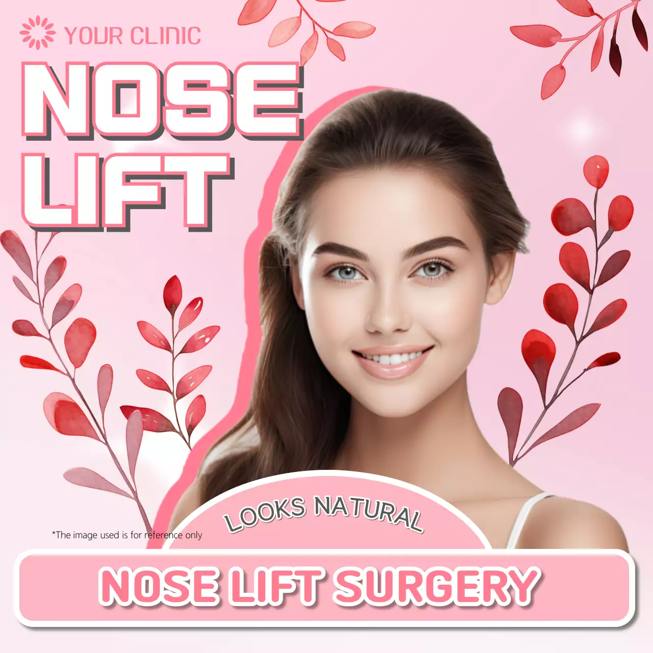 Orientalistic rhinoplasty revision surgery ad in pink and red