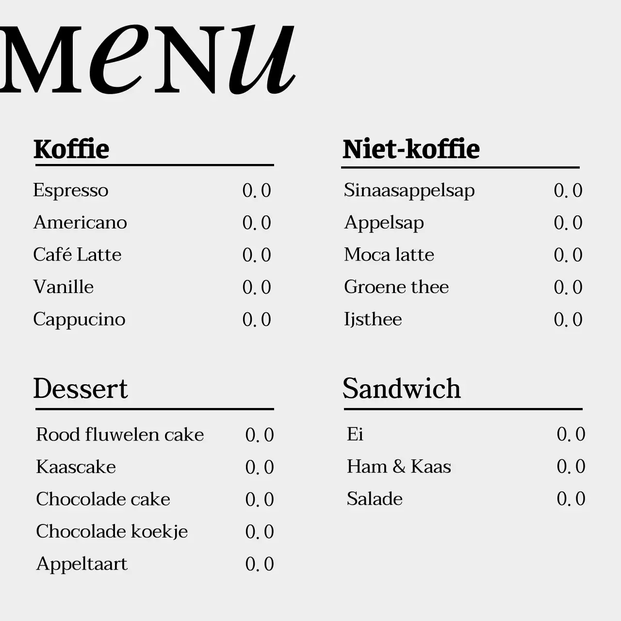 Minimalistische café-aankondiging in grijs en zwart-wit