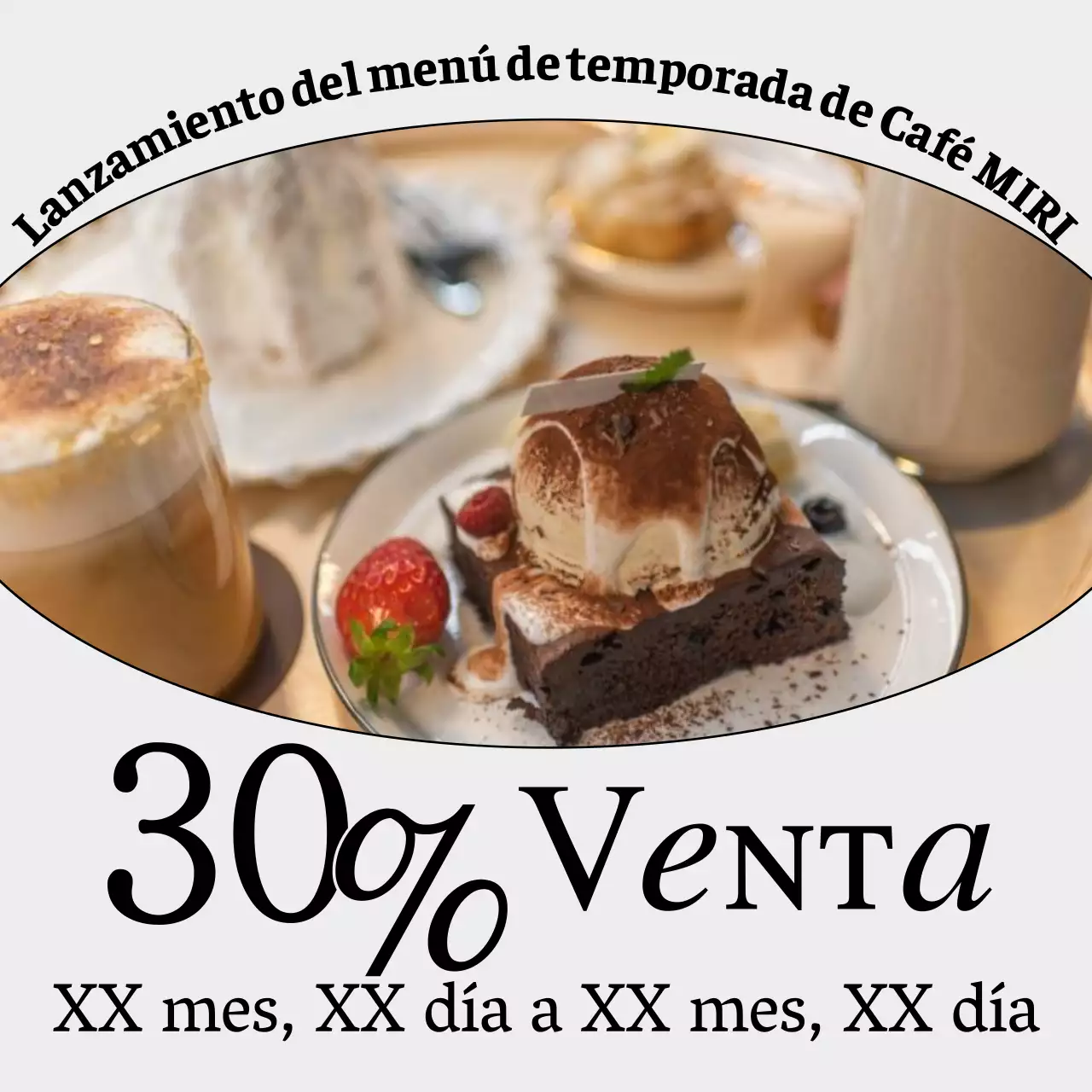 Anuncio de cafetería minimalista en gris y blanco y negro