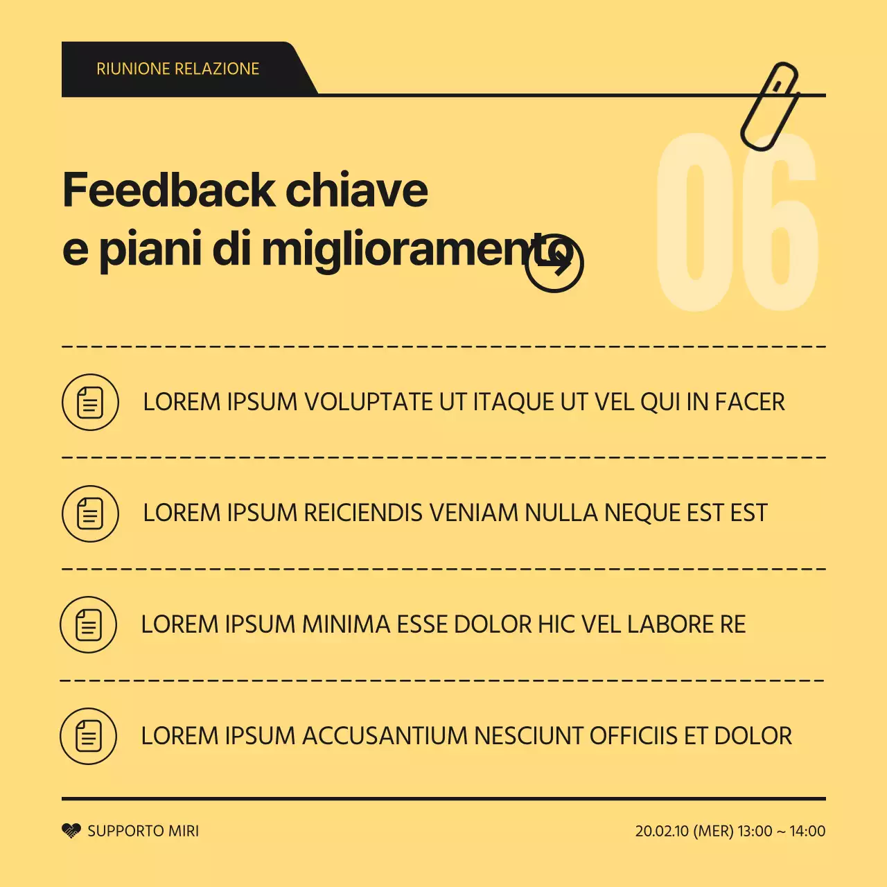 Un semplice rapporto giallo e nero sui risultati delle riunioni