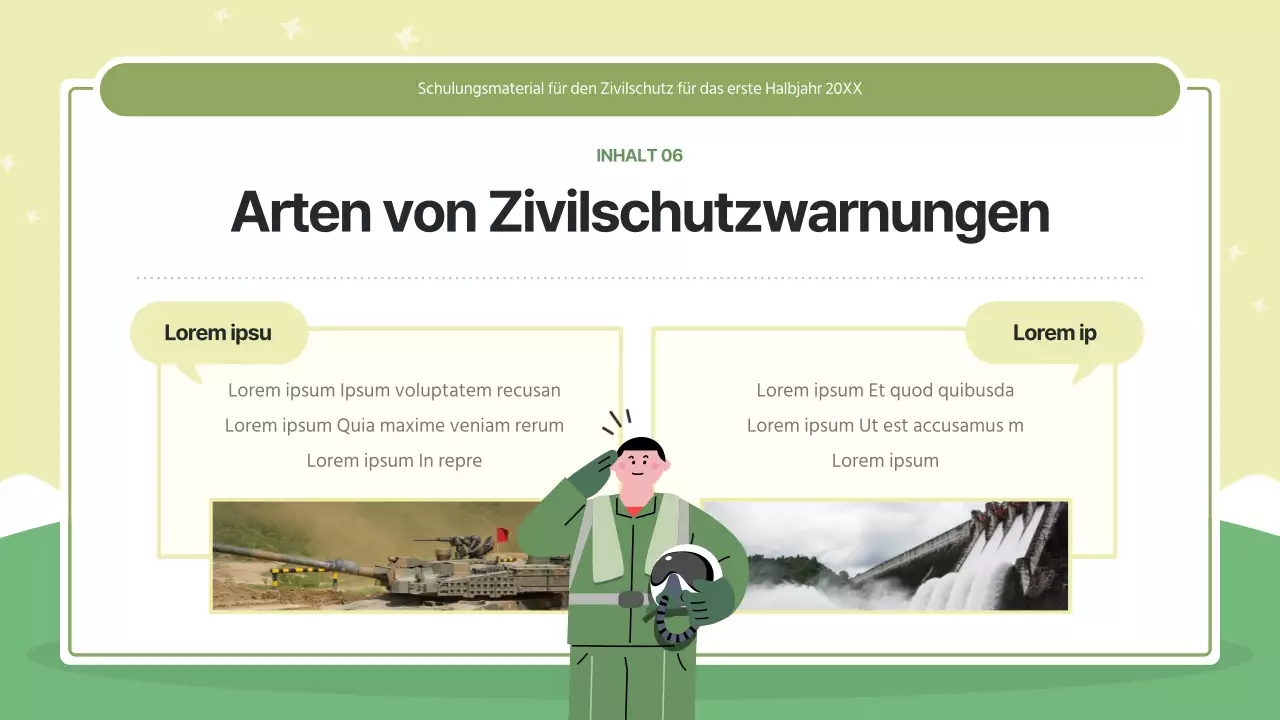 Moderne Zivilschutzausbildung in Grün und Lindgrün.