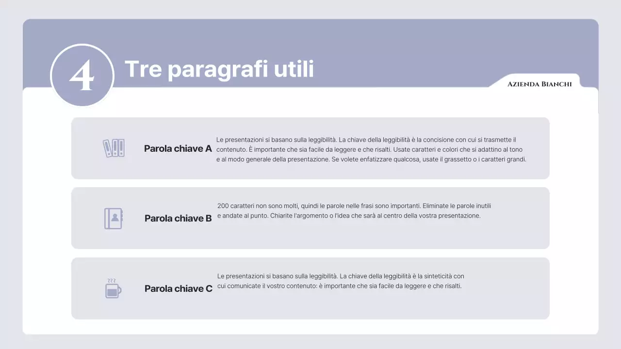 Testo semplice in malva e grigio, con molto spazio per scrivere