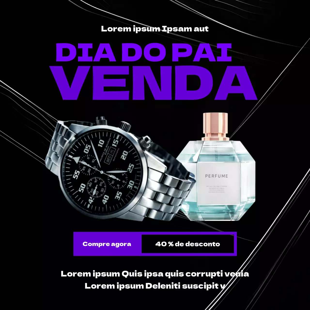 Publicidade do evento de saldos do Dia do Pai moderno preto e roxo