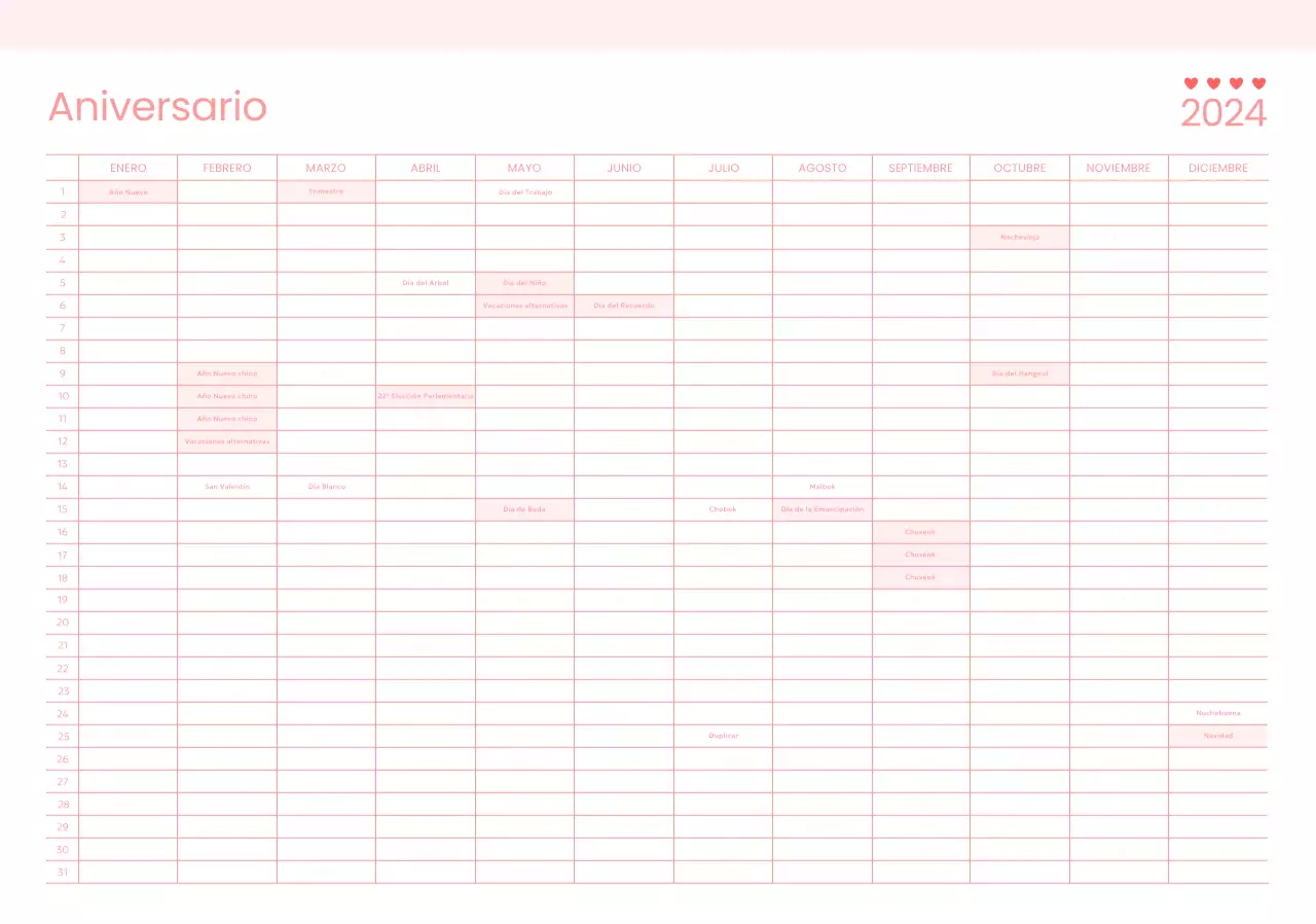 Diseña un calendario de cheques de aniversario con un tema rosa