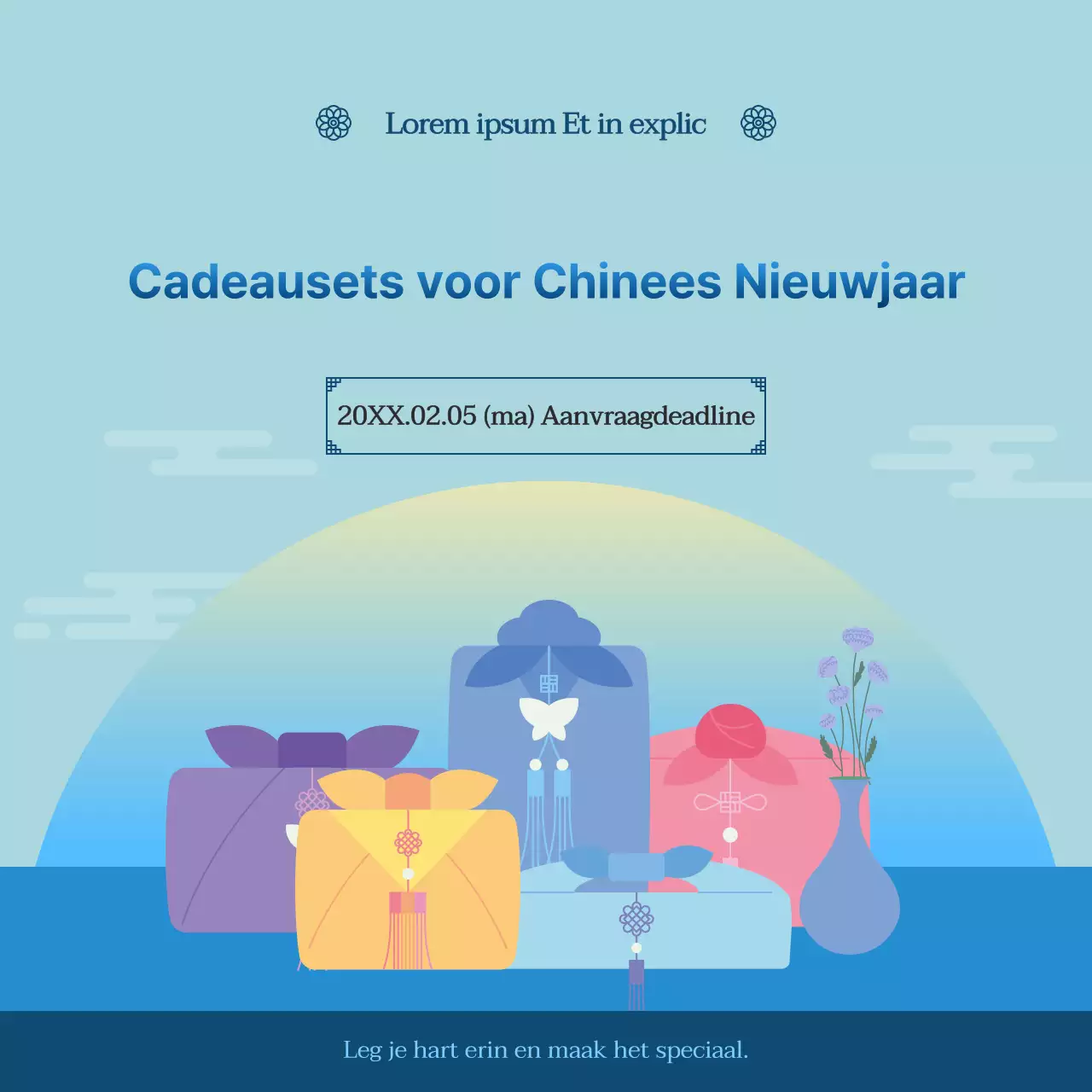 Promoot de traditionele blauwe en marineblauwe Lunar New Year cadeautentoonstelling