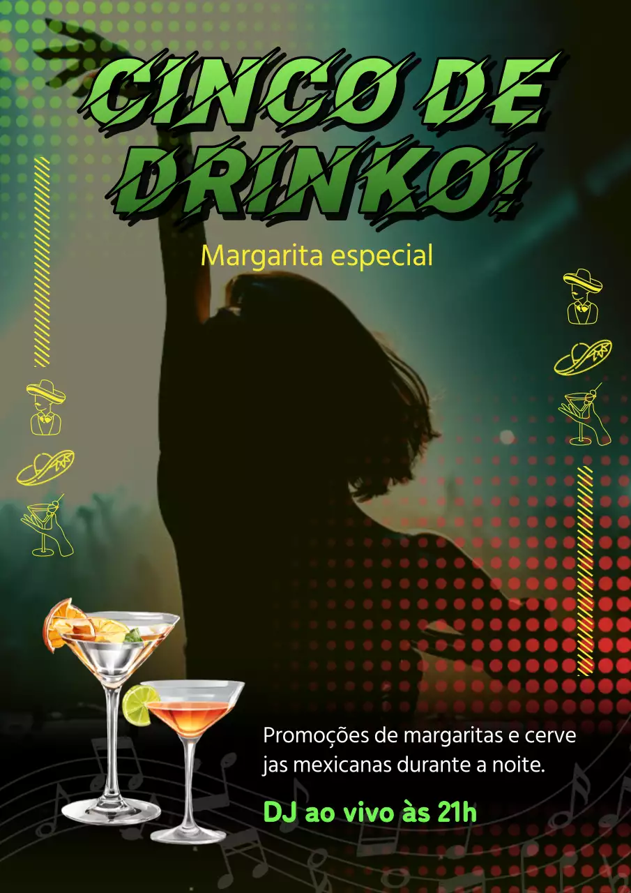 Anúncio do evento Cinco de Mayo Kitsch verde e vermelho