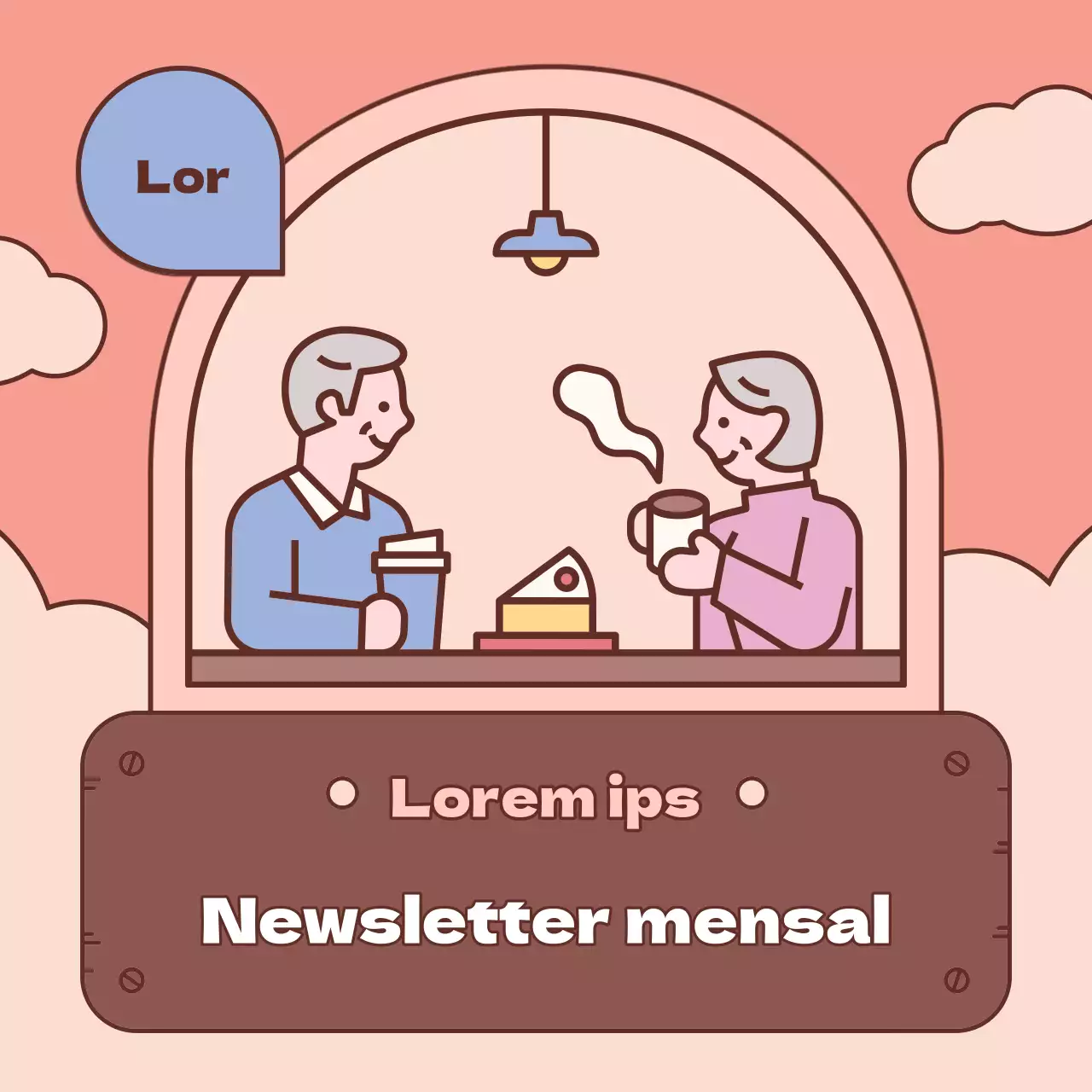 Uma publicação simples, castanha e cor-de-rosa, do boletim informativo mensal do serviço de ação social