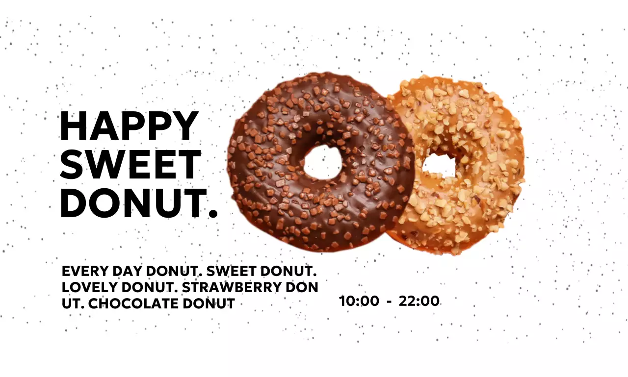 Toko donat sederhana dengan latar belakang titik-titik dan font gothic serta foto donat