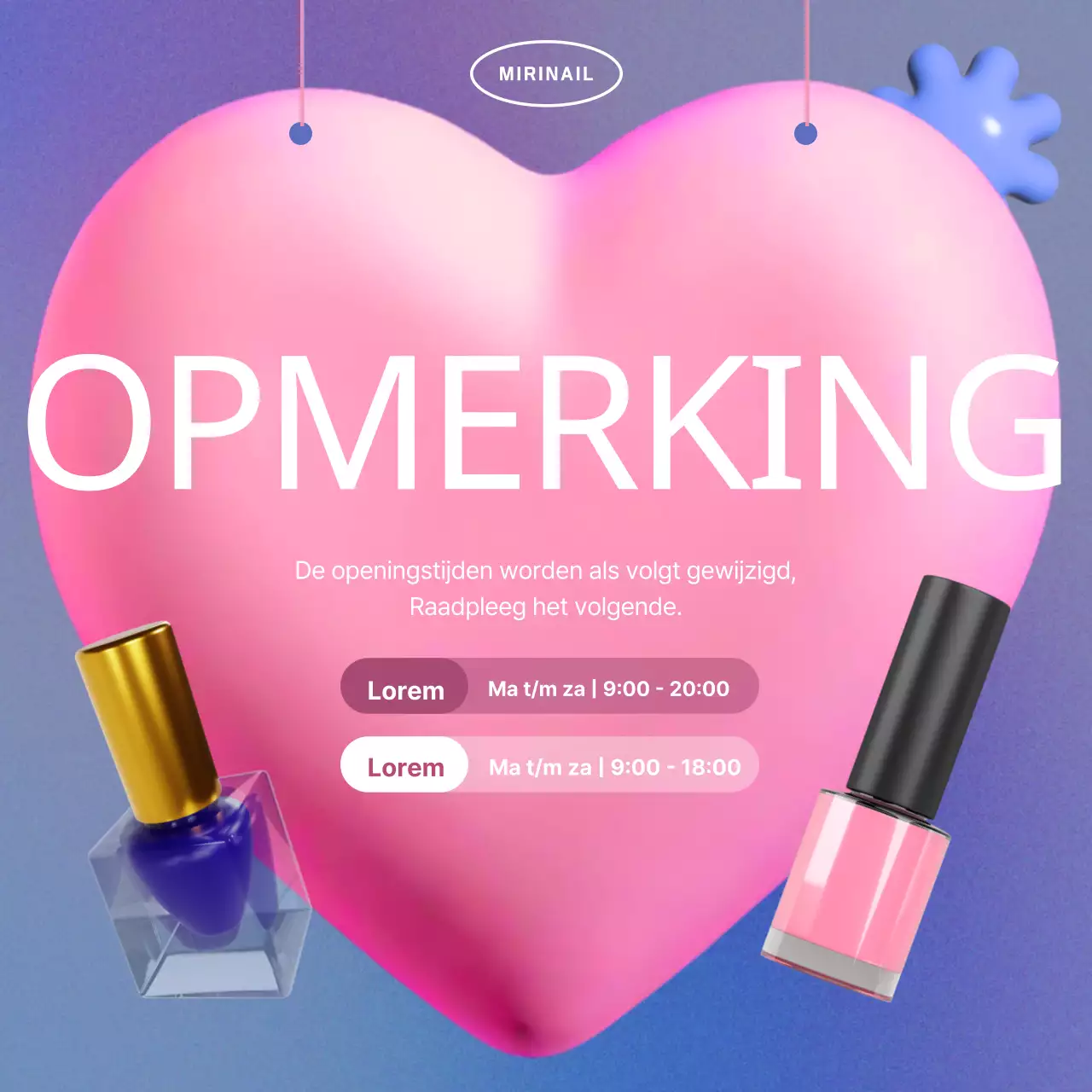 Een kitscherige paarse en roze nagelsalon kondigt haar openingstijden aan