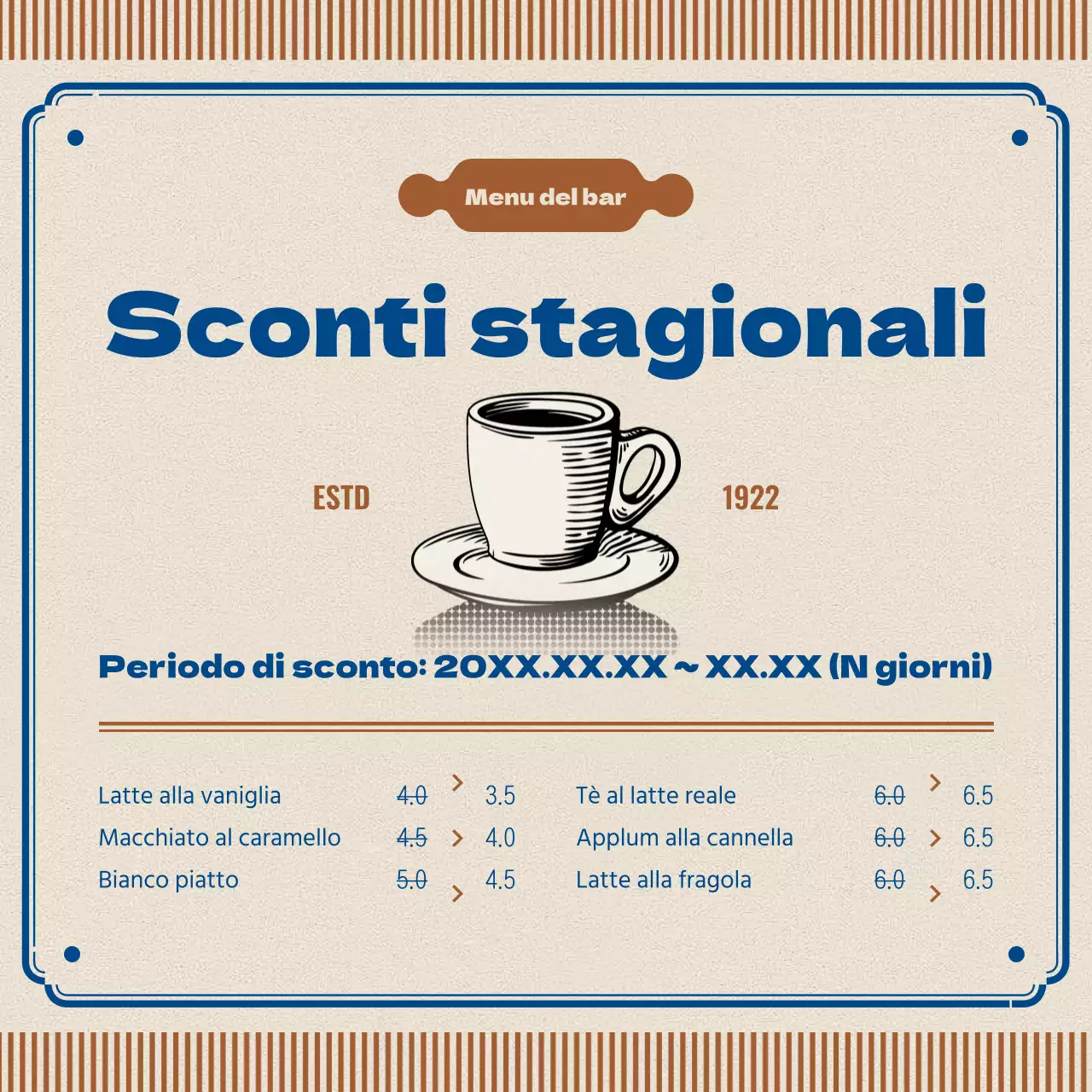 Annuncio di caffè retrò in marrone e blu