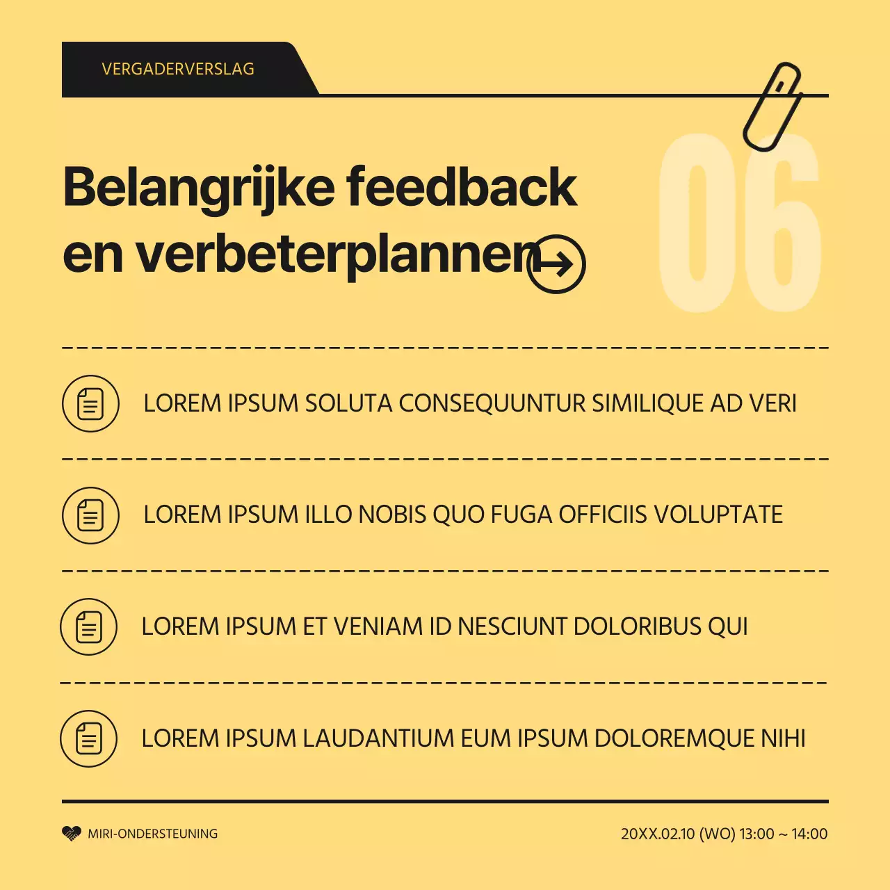 Een eenvoudig geel en zwart verslag van het resultaat van de vergadering