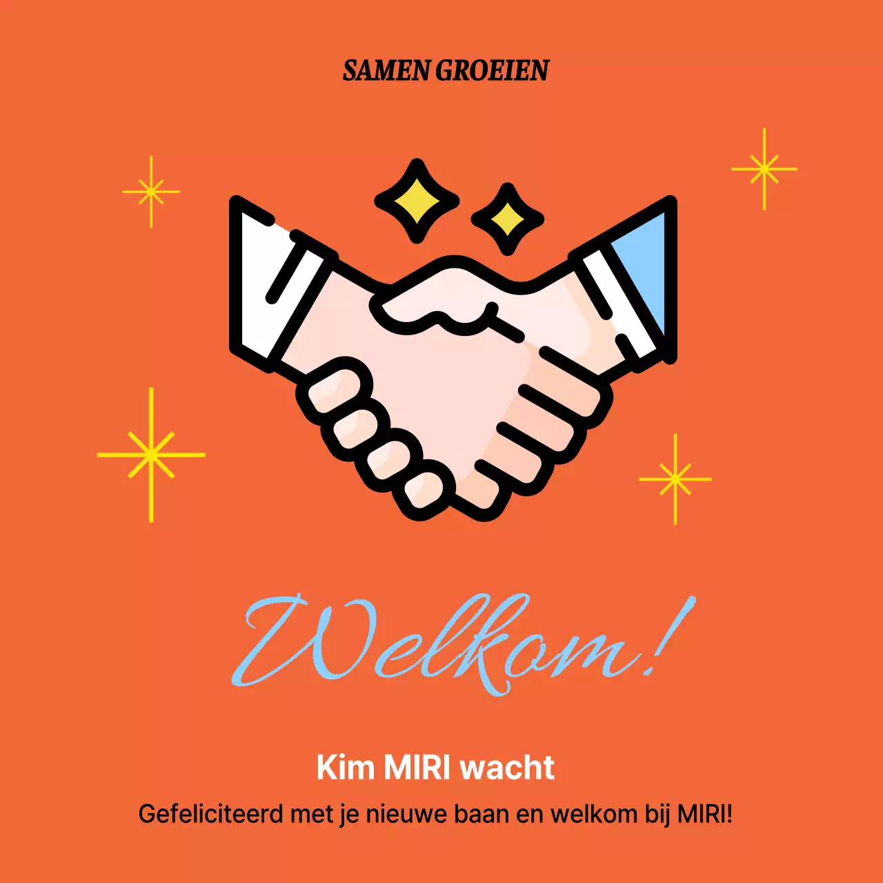 Een eenvoudige welkomstaankondiging in oranje en lichtblauw