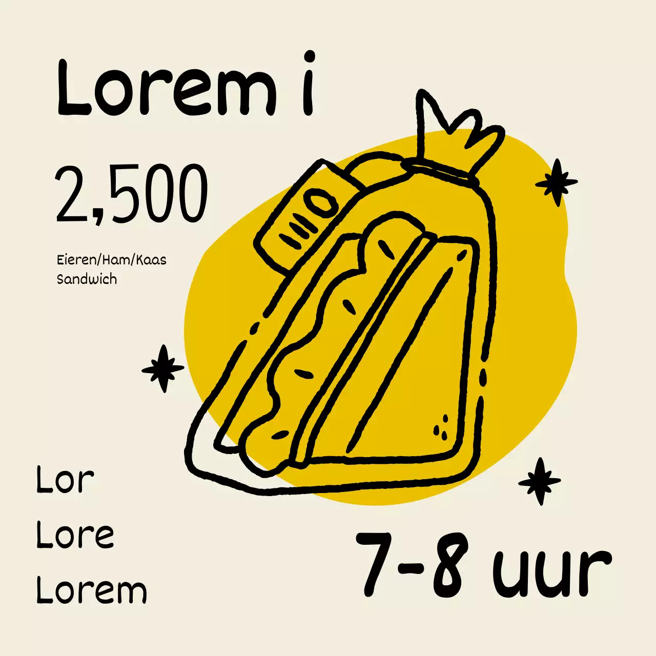 Eenvoudig bakkerijcafé-menu in geel en beige met een kortingsadvertentie