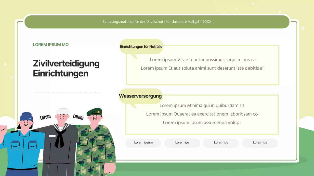 Moderne Zivilschutzausbildung in Grün und Lindgrün.