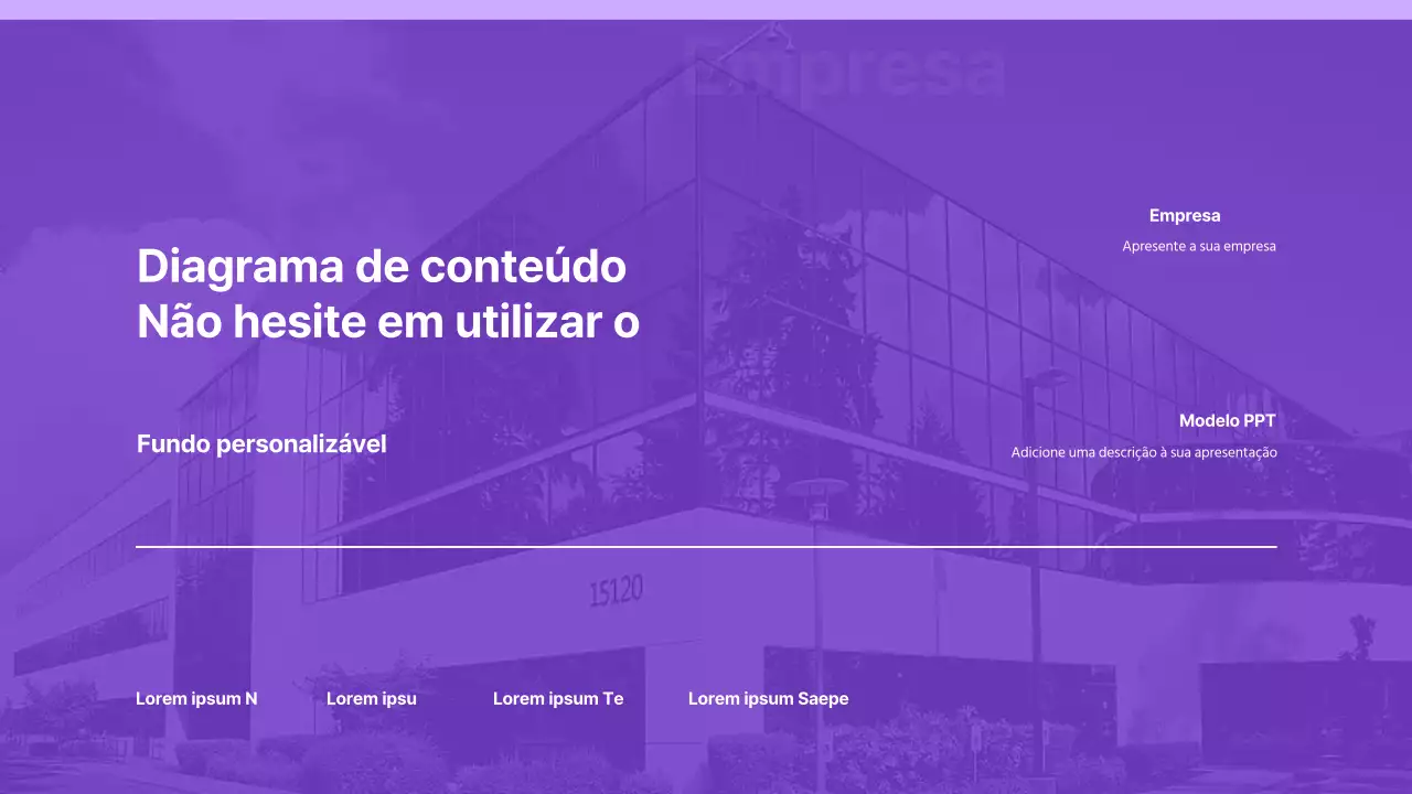 Apresentação com um fundo roxo e branco simples e apenas elementos