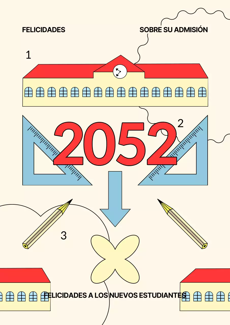 Un poste geométrico amarillo y rojo para celebrar la admisión