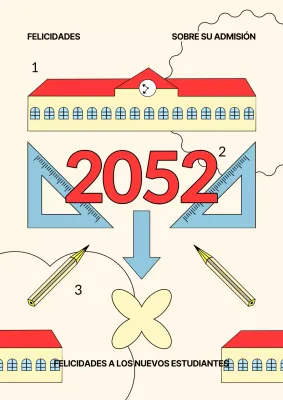 Un poste geométrico amarillo y rojo para celebrar la admisión