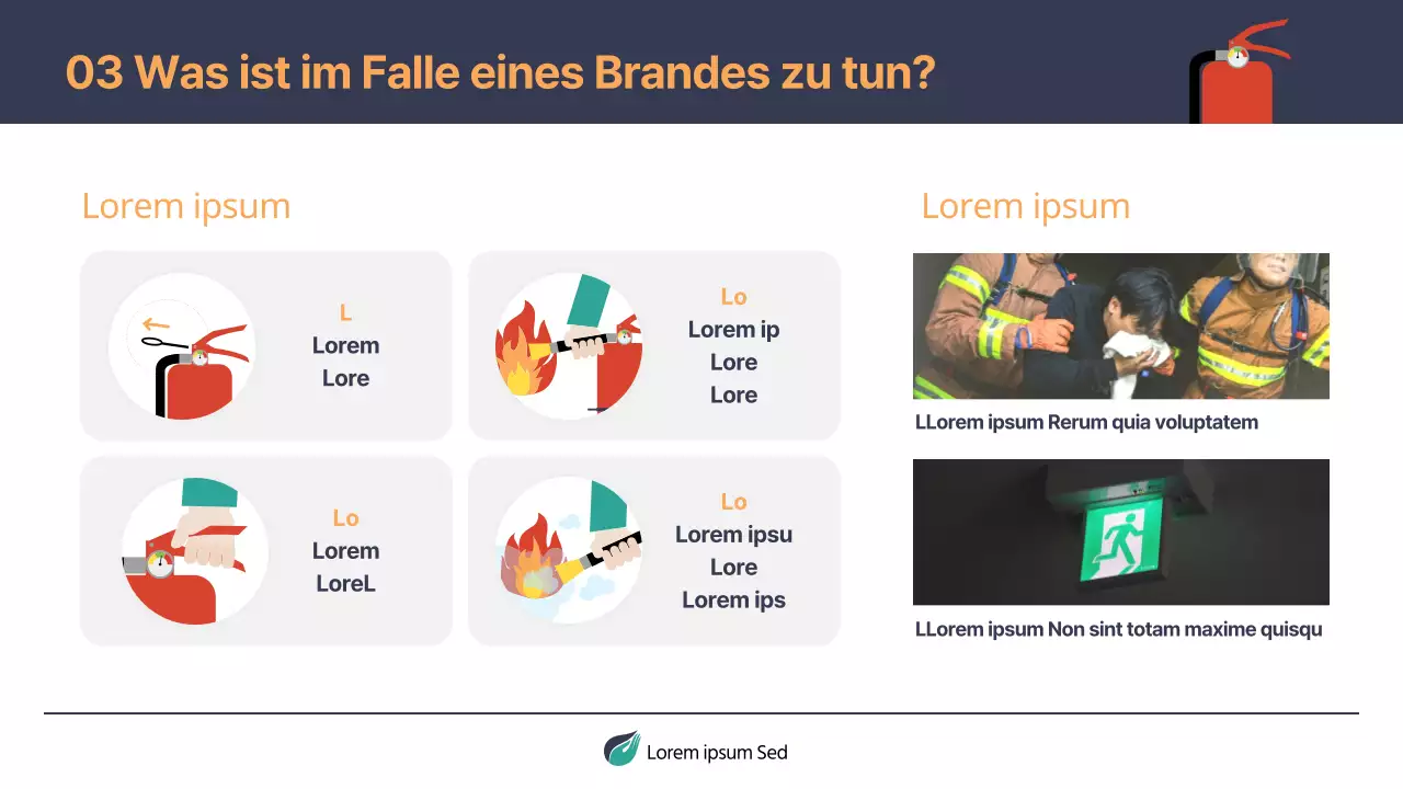 Einfaches Schulungsmaterial für den Brandschutz in Marineblau und Orange