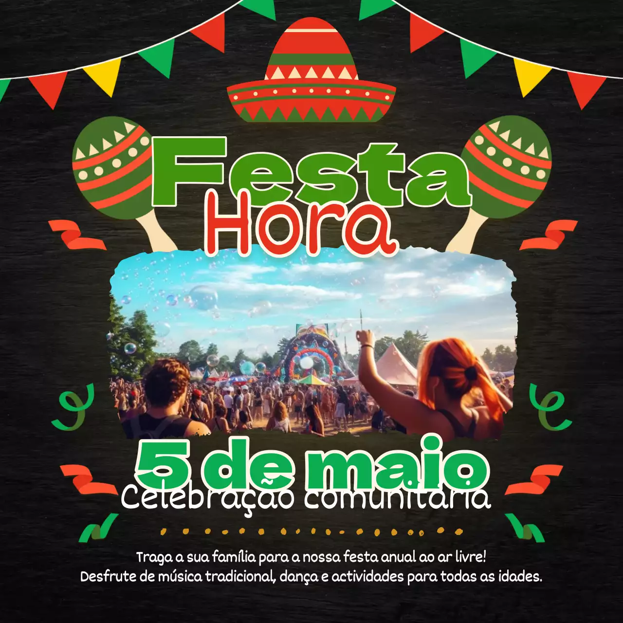 Convite para evento comunitário Cinco de Mayo Black and Green Kitsch