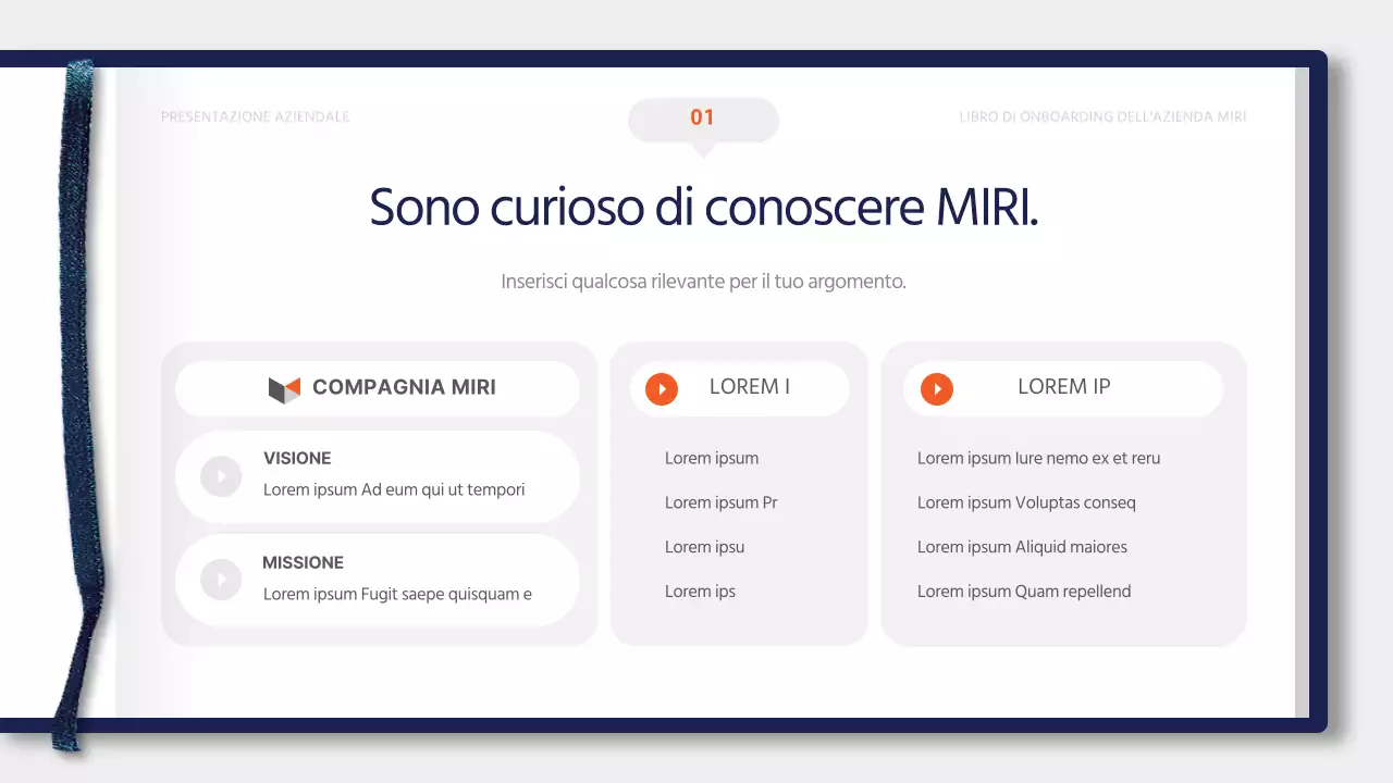 Materiale di formazione semplice, blu e arancione, per l'onboarding dei nuovi assunti