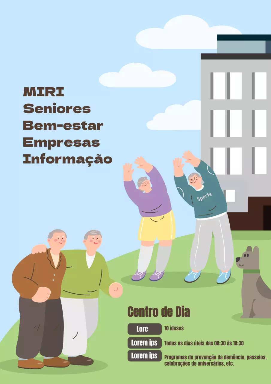 Promover o esquema de cores azul claro e castanho de um centro de idosos acolhedor