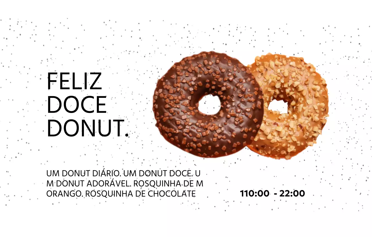 Loja de donuts simples com fundo pontilhado, tipo de letra gótico e fotografias de donuts
