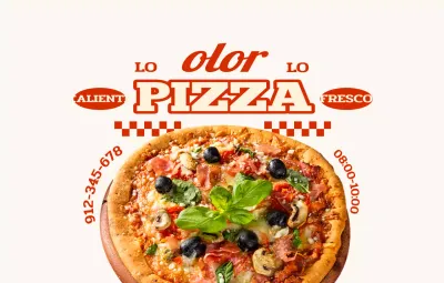 Una pizzería con textos y motivos de inspiración retro
