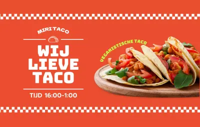 Een gedurfd, kleurrijk ontwerp met fotografie van taco-eten