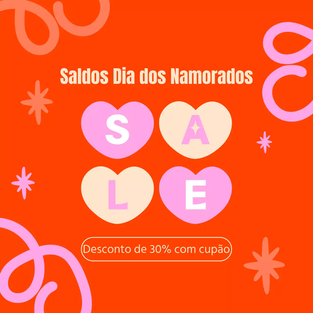 Anúncio pop art do evento de vendas do Dia dos Namorados em laranja e cor-de-rosa